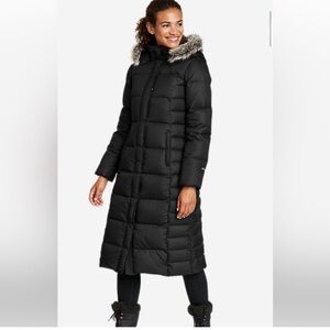 Eddie Bauer Goose Down Long Black Puffer Coat with Faux Fur Trim